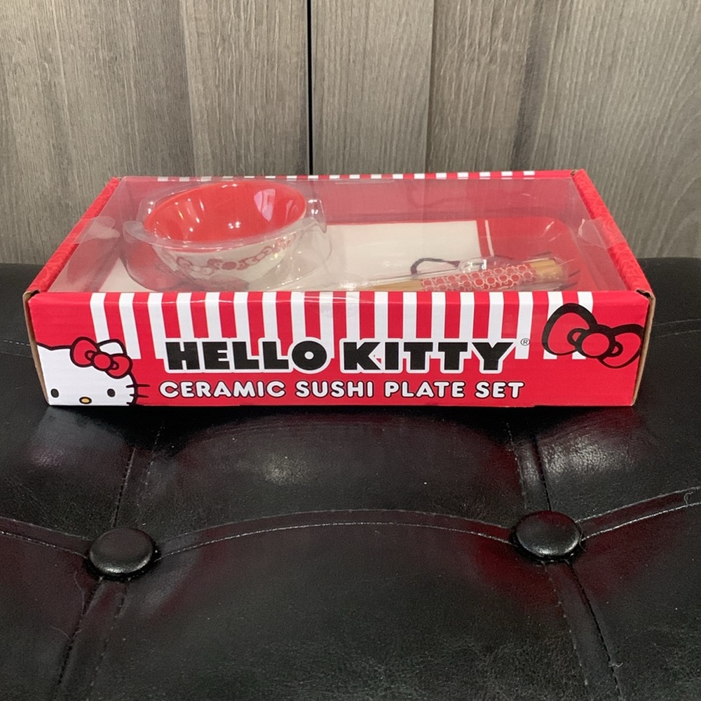 New Hello Kitty Red Japanese Sushi Ceramic Plate Set With Chopsticks By Sanrio - Picture 7 of 8